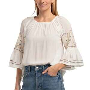 NWT LIV LOS ANGELES White Off Blouse with Embroidered Flutter Sleeve Detail M